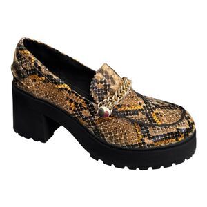 ASOS DESIGN Spicy Chunky Mid Heeled Loafers with Chain in Lime Snake Size 11